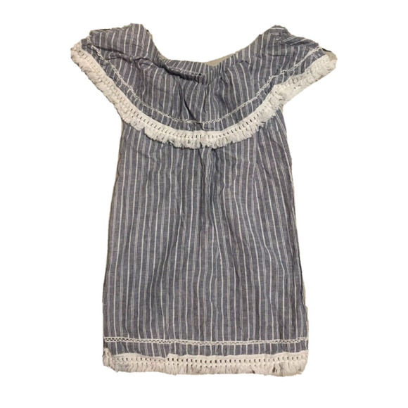 1. State Boho Womens Blouse Extra-Small Cotton Linen Fringe Blue White Striped - Picture 1 of 9